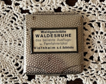 Vintage German Aluminum Matchbook Holder Waldesruhe Viernheim Autobahn Advertising Case