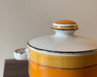 Midwinter Stonehenge Sun Lidded Casserole Dish, Vintage English Stoneware Covered Serving Bowl, Mustard Yellow Orange Retro Kitchen Decor
