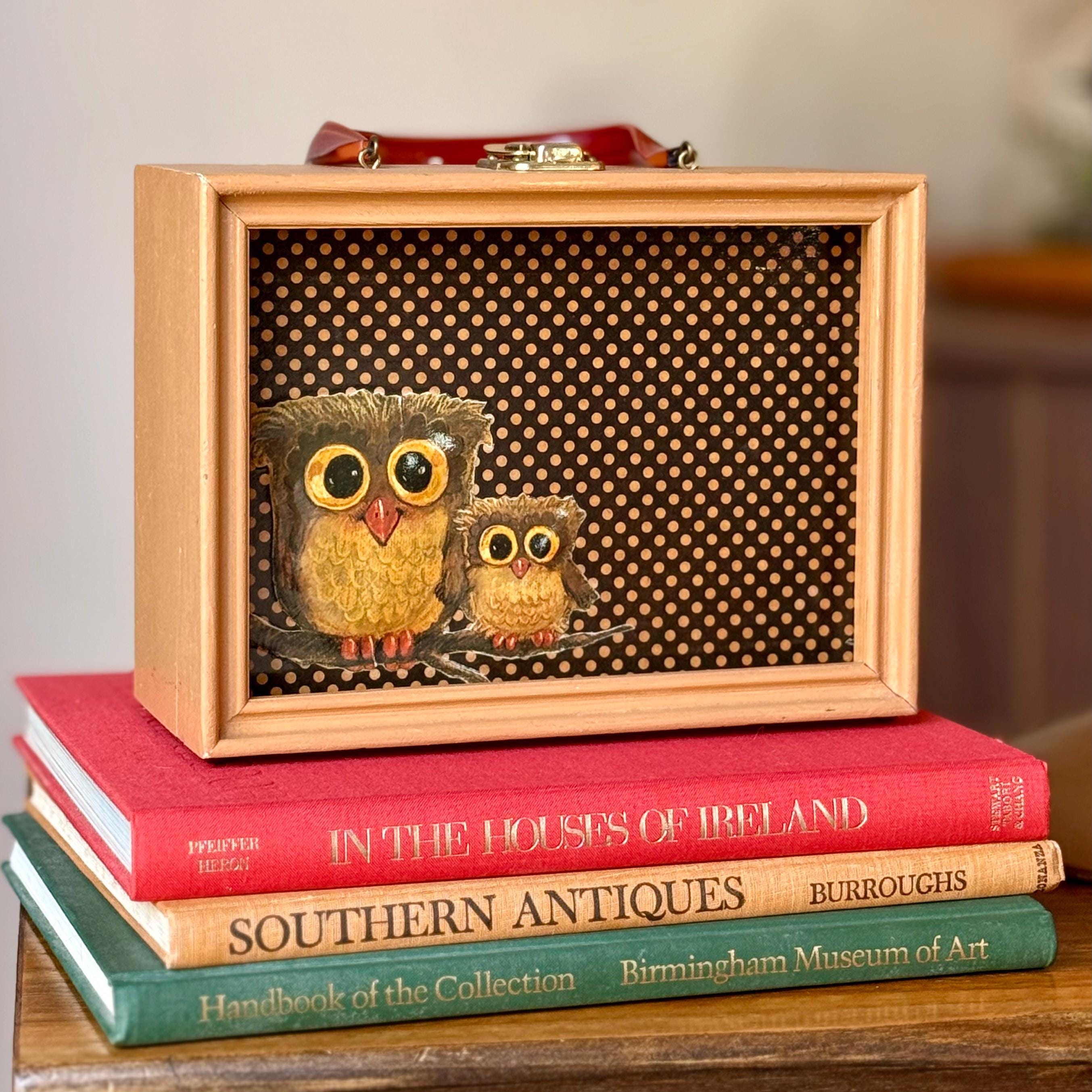 Vintage Wooden Box Purse, 3D Owl Handbag, Marbled resin handle