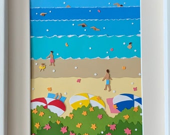 Paper Collage, On the Beach, Bathers, Umbrellas, Swimmers,  Hand Cut Paper Collage Art Work