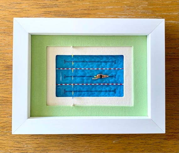 Miniature Swimming Pool, Single Male Swimmer, Real Wood Frame
