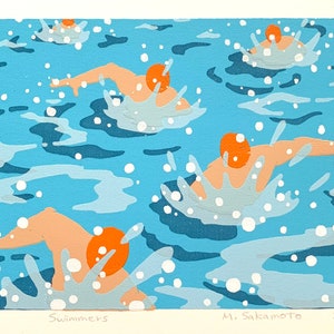 May include: A colorful woodblock print of four swimmers in a blue body of water. The swimmers are wearing orange swim caps and are depicted in a stylized manner. The print is titled "Swimmers" and signed "M. Sakamoto 2023".