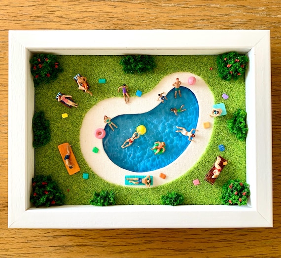 Miniature Swimming Pool Art: Sunbathers in White Wood Frame - Etsy