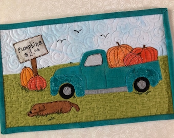 Pumpkin Truck Mug Rug Pattern: Autumn Harvest Mini Quilt (PDF Pattern)
