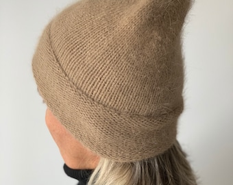 Winter knitted hat angora wool ladies beanie hat beige wool women girl hat