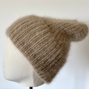 Winter knit hat angora wool ladies beanie hat beige chunku wool women hat