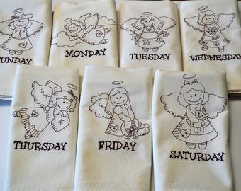 Embroidered Angels Days of the Week Flour Sack Dish Towels