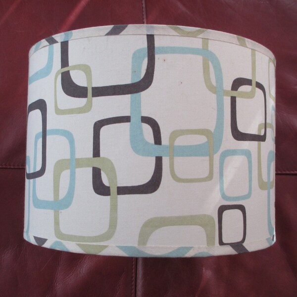 Classic Mid Century MODern LAMPSHADE with RETRO Geometric forms in aqua, beige, and brown shade