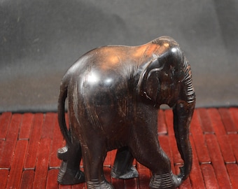 Hand Carved Ebony Elephant Sculpture, Trunk Down, Animal Figurine Home Decor