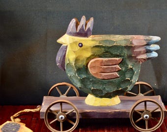 Folk Art Wood Hand Crafted Rooster Pull Toy- Special w Metal Wheels- Sunflower Pull