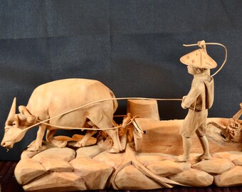 SALE-  RARE Philippine Wood Carving – Water Buffalo, Boys with Hats