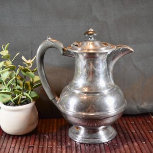 May include: A silver-colored antique tea or coffee pot with a curved handle and a small, decorative lid. A small potted plant with green leaves and a white pot sits to the left of the pot. The objects are on a dark red bamboo mat.