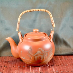Japanese Clay Terracotta Tea Pot- Etched Designs-Wood Handle- Removable Filter