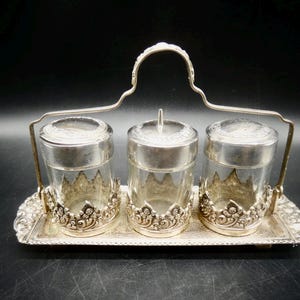 SALE*-Rare 3 Small Glass Condiment Jars in Silver Plate Floral Base on Handled Holder