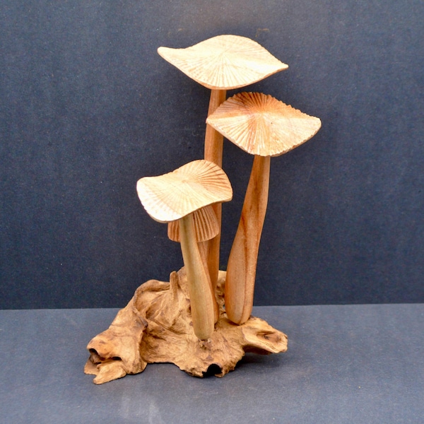 CLOSEOUT*-Hand carved Wood Mushroom -Indonesian- 4 Mushroom - 9 1/2" Tall