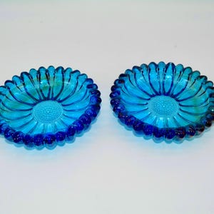 Rich Bright Blue and Scalloped Edge Pair of Glass Ashtrays
