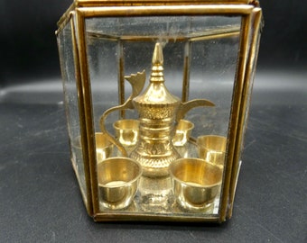 CLOSEOUT* -Mini Brass Coffee Pot and 6 Cups in Brass and Glass Case- Unique Little Display