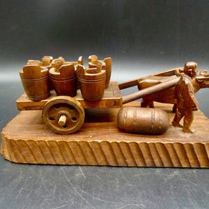 CLOSEOUT*24.00 to 10.00-Rustic Accent-Hand Carved Wood Ox Cart w/ Barrel & Buckets on Platform- Highly Detailed!