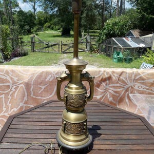 CLOSEOUT* 195 TO 42-Brass Asian vintage Floor Lamp- Dragon Heads- Heavy Engraved  Electric Table Lamp