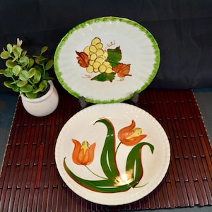 SALE*-Set of 2 Hand-Painted Blue Ridge Pottery Plates, Vintage Grape and Tulip Designs