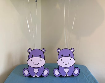 2 Purple Hippo Birthday Party Baby Shower Table Centerpiece Balloon Holders