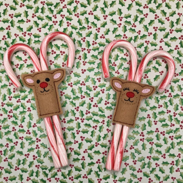 Embroidered Christmas Reindeer Candy Cane Holder Slider Antlers - Student - Coworker - Secret Santa Gift