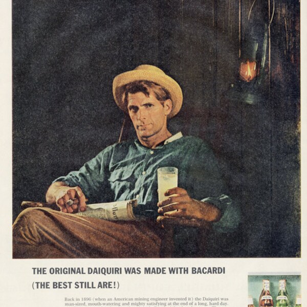 1962 Bacardi Rum Ad Man in Straw Hat American Mining Engineer Photo Vintage Advertisement Bar Pub Wall Art Decor Print