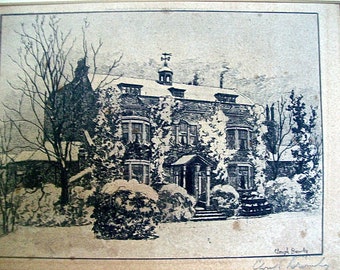 Noted British Artist CLOUGH BROWLEY signed Antique ETCHING in Original Oak Wood Frame - Snowy Winter Home