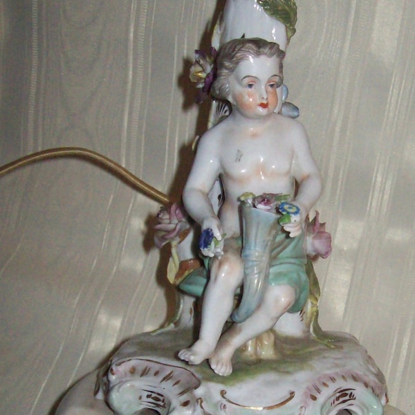 Antique German(?) Porcelain Figural Candlestick converted into a SHABBY CHIC TableLAMP