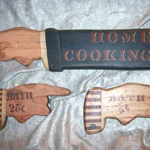 3 Vintage Decorative Artist signed Painted WOOD Directional POINTING Hand SIGNS for Kitchen and Bath