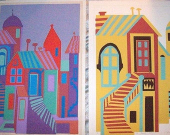 Pair of Original signed by Artist HEISMAN Colorful Contemporary SILKSCREEN Art Prints of HOUSES