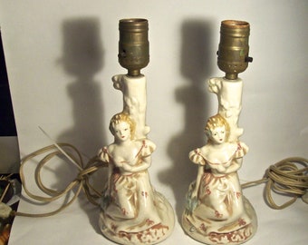 Vintage Pair of Ceramic Lovely SEATED LADIES OUTDOORS Figural Boudoir Lamps