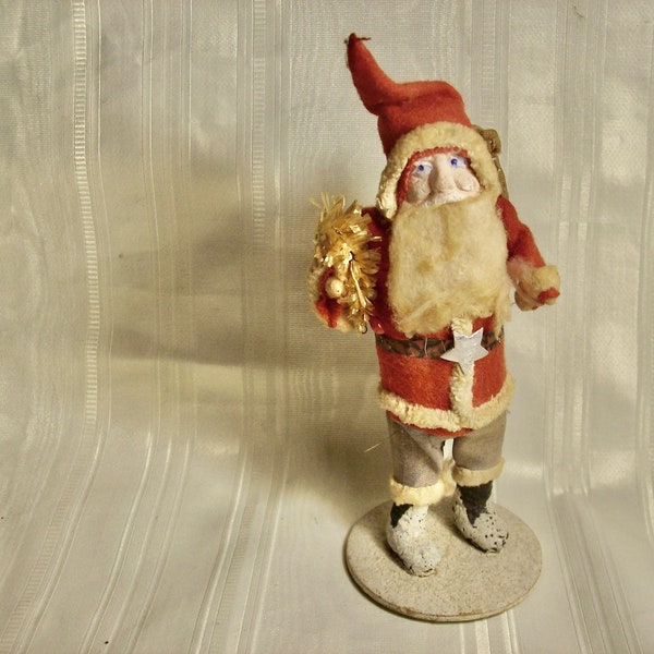 Old Made in Japan Plaster Face 6" Tall CHRISTMAS SANTA CLAUS in Fabric Outfit on Base