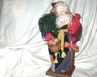 Artist Signed Old World FATHER CHRISTMAS / Santa Claus  14&quot; tall Figure in Antique Quilt Robe carrying Gifts & Teddy Bear