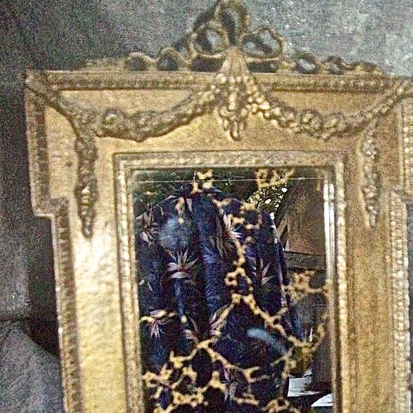 Antique Ornate Painted Cast Iron TABLETOP FRAME with a Gold Veined MIRROR