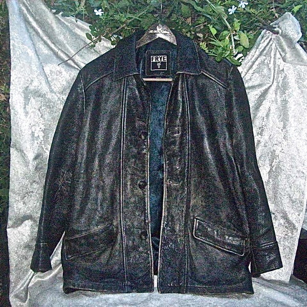 Vintage FRYE Herren robuste beunruhigt schwarz Leder Knopf nach unten JACkET - Größe Medium