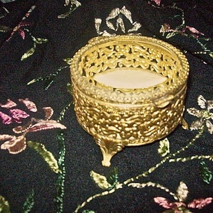 Ornate Pierced and Gilded Metal Round Footed JEWELRY ? TRINKET BOX with Beveled Glass Hinged Lid