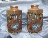 ANTIQUE SATSUMA Japanese Pottery Scholars and Saints Mirror Image Hexagonal VASES by Hodota