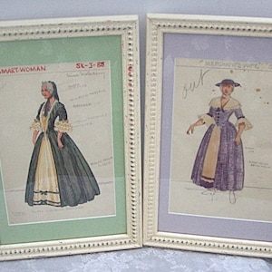 Vintage Pair of Framed Original Painted Period COSTUME SKETCHES for MOVIE / Play
