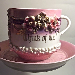Antique Made in Germany Large Porcelain &quot;Think of Me&quot; MUSTACHE CUP and Saucer with applied FLOWERS