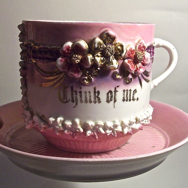 Antique Made in Germany Large Porcelain "Think of Me" MUSTACHE CUP and Saucer with applied FLOWERS