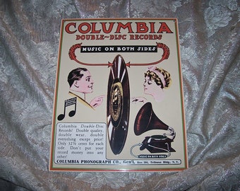 Circa 1970's Ande Rooney Enamel on Steel Antique Reproduction ADVERTISING SIGN for COLUMBIA Double - Disc Records.