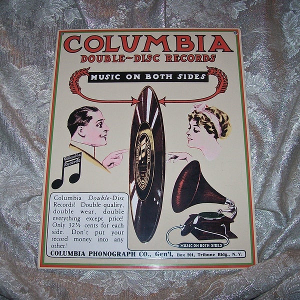 Circa 1970's Ande Rooney Enamel on Steel Antique Reproduction ADVERTISING SIGN for COLUMBIA Double - Disc Records.