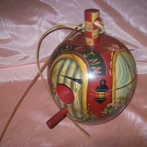 Decorative Artist Signed Painted Wood TOLEWARE Apple-Shaped BIRD HOUSE - &quot;Red Inn&quot;