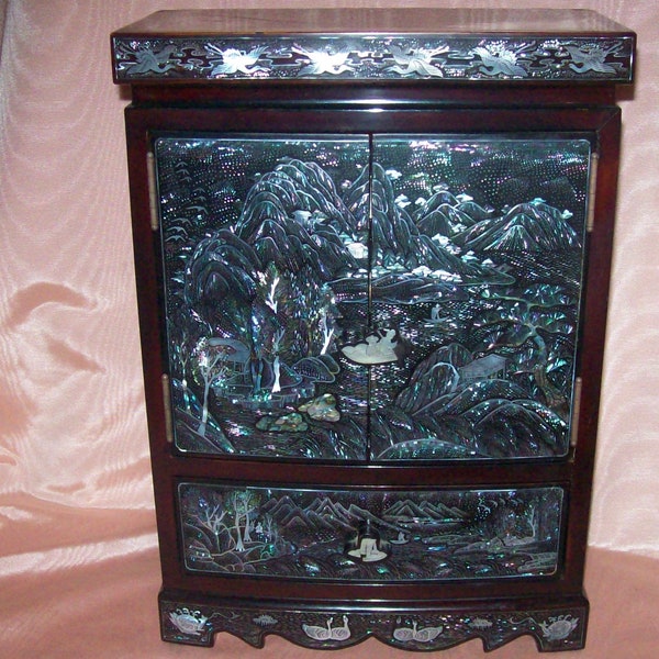 Vintage Korean Elaborate Mother-of-Pearl Inlay Brown Lacquer WOOD JEWELRY CHEST - 14 3/8" Tall by 10 1/4" Wide  by 5" Deep