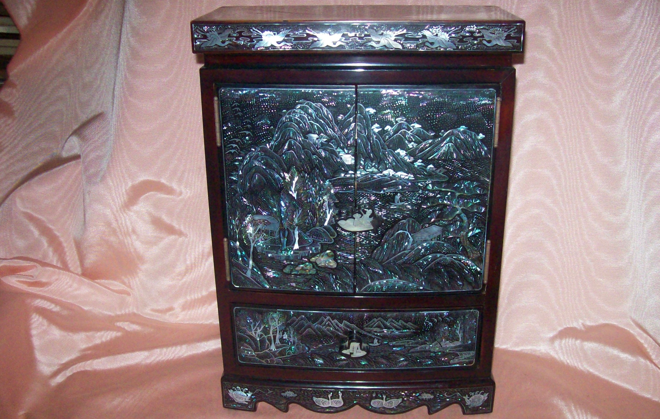 Vintage Korean Elaborate Mother-of-Pearl Inlay Brown Lacquer WOOD JEWELRY CHEST - 14 3/8" Tall by 10 1/4" Wide  by 5" Deep