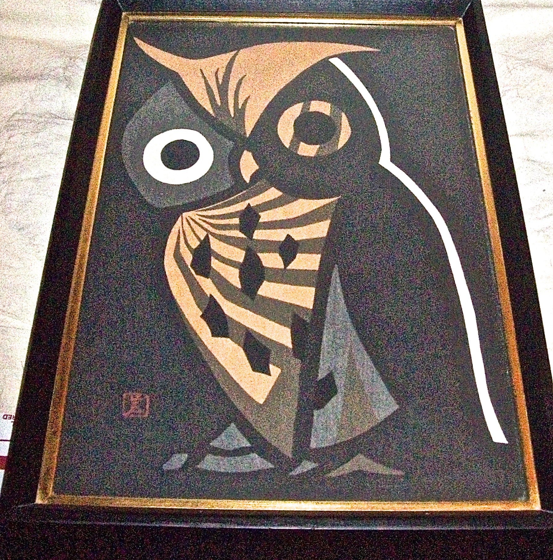 Custom Framed Mid Century Japanese WOODBLOCK Print of an Owl by 