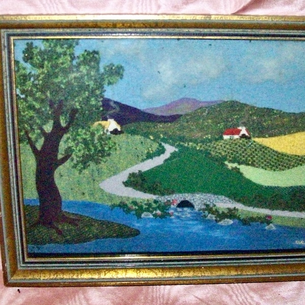 Fabric Collage LANDSCAPE Scene with 2 Houses in the Hills done by Hand & Framed in Shadow Box - Vintage TEXTILE ART