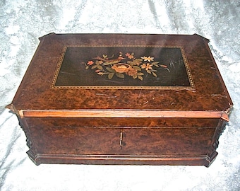 Large Antique Ornate MARQUETRY Wood JEWELRY BOX / Casket - Nesting Bird on Lid & Mirror inside