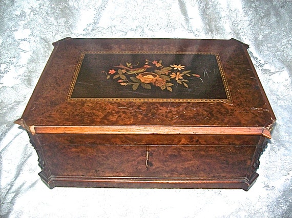 Large Antique Ornate MARQUETRY Wood JEWELRY BOX /… - image 1